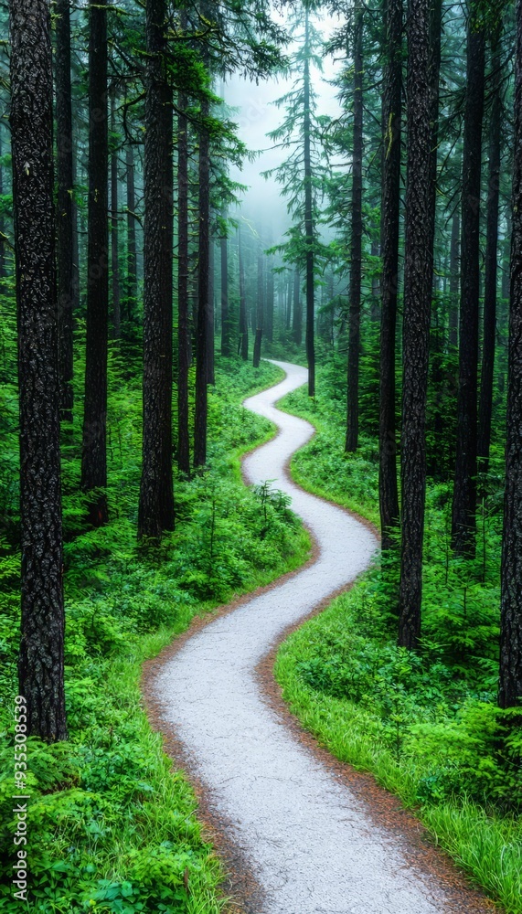 Fototapeta premium A winding path through a lush forest, shrouded in mist, inviting exploration and adventure amid tall trees and vibrant greenery.