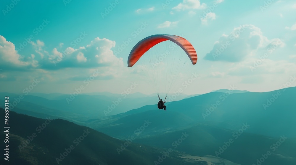 A paraglider soars through the air above a mountain range with a clear blue sky. A paraglider soars through the air above a mountain range with a clear blue sky.