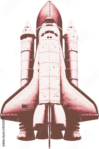 Fototapeta Naklejka Na Ścianę i Meble -  Collage Shuttle Essential Spaceship cutout in halftone and grain effect. 