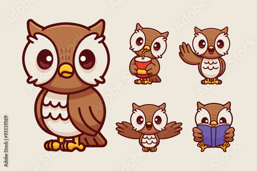 cute owl cartoon character set