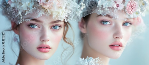 Two Women Wearing Floral Headpieces with Delicate Makeup and Blue Eyes photo