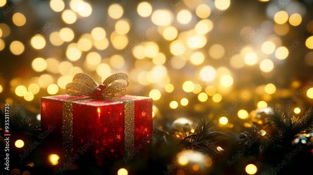 Festive red Christmas gift with a golden ribbon, surrounded by bokeh lights. Perfect for holiday promotions, cards, and seasonal designs.