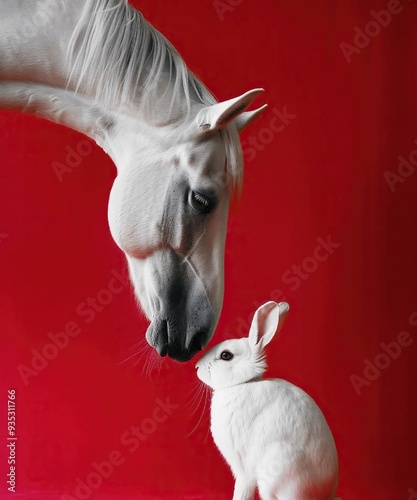 The image Cinematic is a close-up of a white rabbit and horse on red background