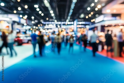 Blurred Background of Indoor Exhibition Hall with Visitors Exploring Pavilions Displaying Cars, Home Appliances, Tech Gadgets, and Food Items on a Blue-Carpeted Show Floor