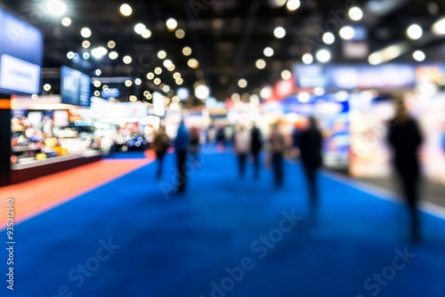Wallpaper Mural Blurred Background of Indoor Exhibition Hall with Visitors Exploring Pavilions Displaying Cars, Home Appliances, Tech Gadgets, and Food Items on a Blue-Carpeted Show Floor Torontodigital.ca