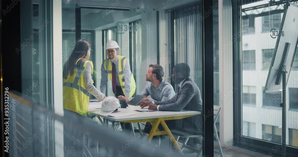 Female and Male Industrial Engineers Having a Business Meeting with a Corporate Manager and an Accountant. Architects Showing Construction Plans, Discussing a Funding for Their Skyscraper Project Female and Male Industrial Engineers Having a Business Meeting with a Corporate Manager and an Accountant. Architects Showing Construction Plans, Discussing a Funding for Their Skyscraper Project