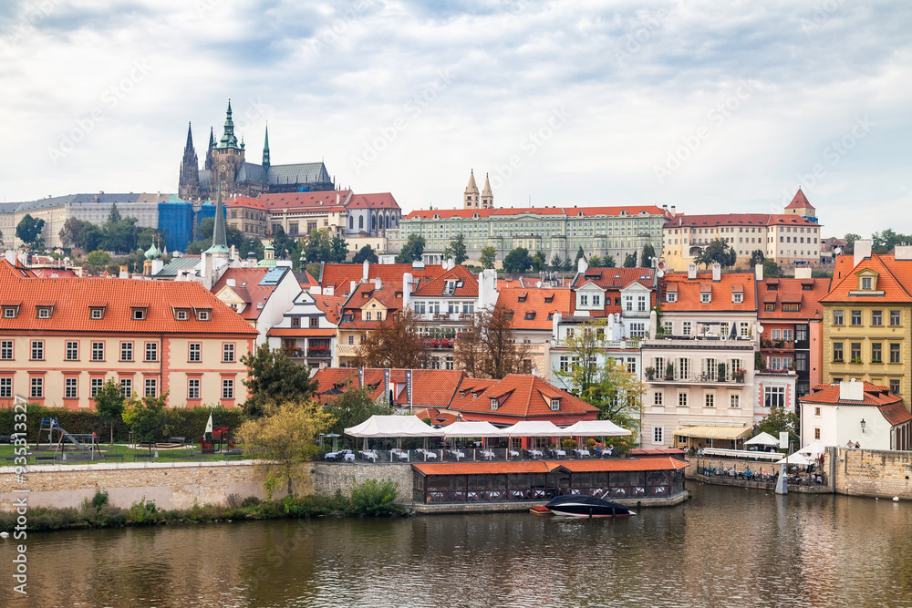 Obraz premium View of the Vltava Riverbank and Prague Castle. Panorama of Historic Prague, Czech Republic
