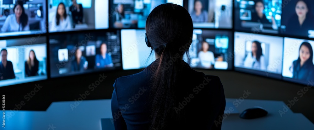 Stock image of people's faces on screens in dim lighting, depicting a surveillance room. Stock image of people's faces on screens in dim lighting, depicting a surveillance room.