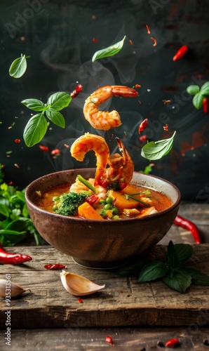 Traditional Thai soup - Tom yam, spicy asian food with flying and levitating ingredients photo