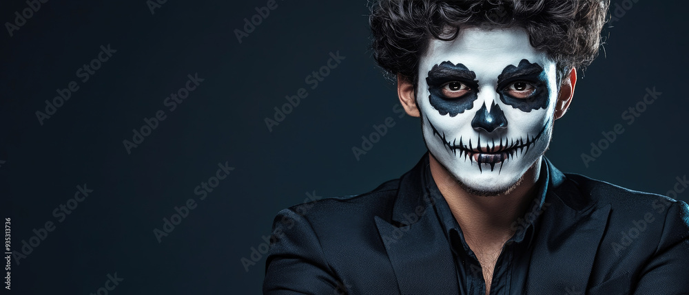 Haunting elegance with striking skeleton makeup, a confident figure in formal attire portrays a blend of sophistication and eerie allure against a dark backdrop. Haunting elegance with striking skeleton makeup, a confident figure in formal attire portrays a blend of sophistication and eerie allure against a dark backdrop.