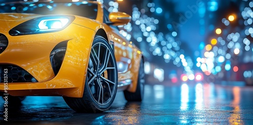 Nighttime Cityscape with a Yellow Sports Car.