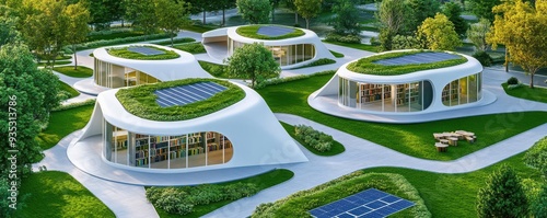 Aerial view of a modern green library, rooftop gardens with reading pods, solar-paneled structures, clean geometric shapes, high-resolution digital render