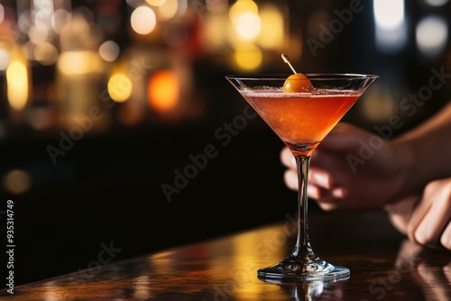 Sophisticated Cocktail in an Elegant Martini Glass with Orange Hue Reflection Held by Two Hands on a Dark Wooden Bar Table with Out-of-Focus Background Elements