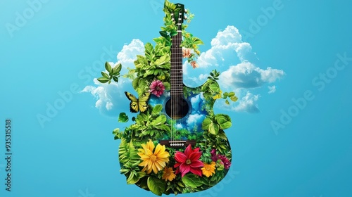 Double Exposure Of Blue Sky And Guitar, Watercolor Blending Nature And Music 