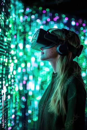 Woman Wearing VR Headset in Immersive Lighting