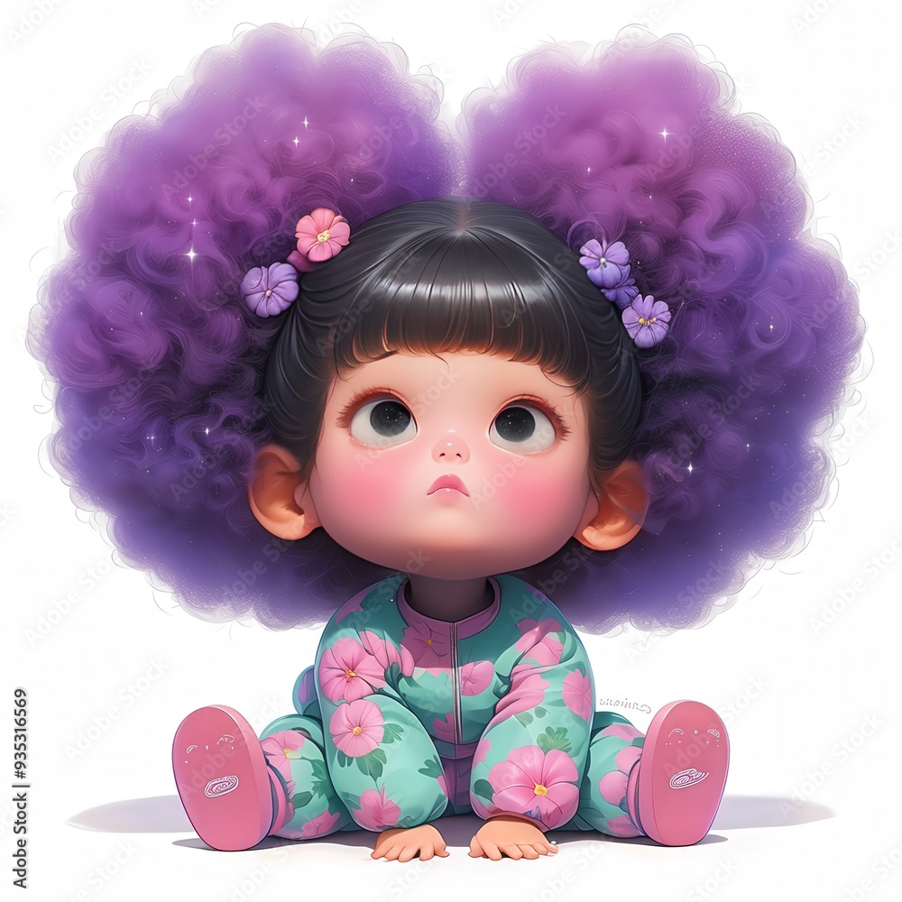 Fototapeta premium Cute chibi baby girl character with big purple cloud hair sitting in floral pajamas on a white background.