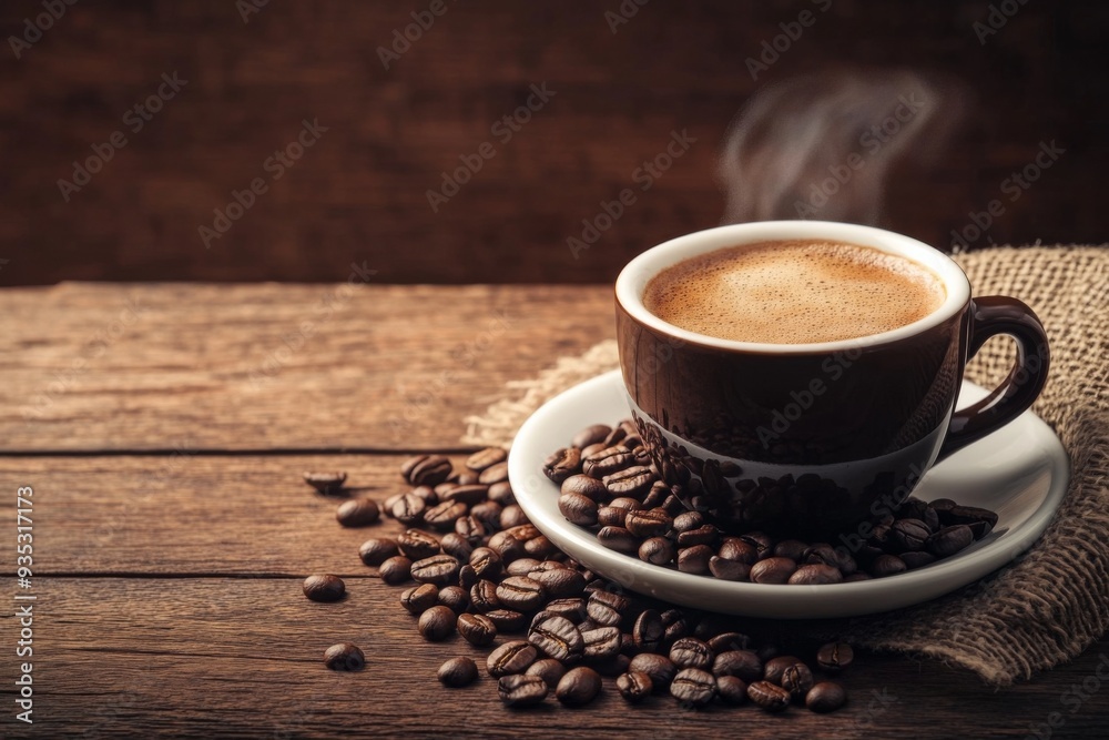 Steaming Cup of Coffee Surrounded by Scattered Coffee Beans on an Old Wooden Table, Perfect for Cafecore Style Web Banner Design Steaming Cup of Coffee Surrounded by Scattered Coffee Beans on an Old Wooden Table, Perfect for Cafecore Style Web Banner Design