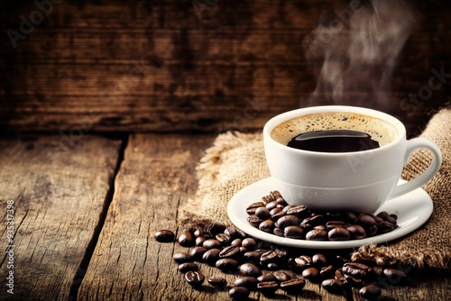 Steaming Cup of Coffee Surrounded by Scattered Coffee Beans on an Old Wooden Table, Perfect for Cafecore Style Web Banner Design
