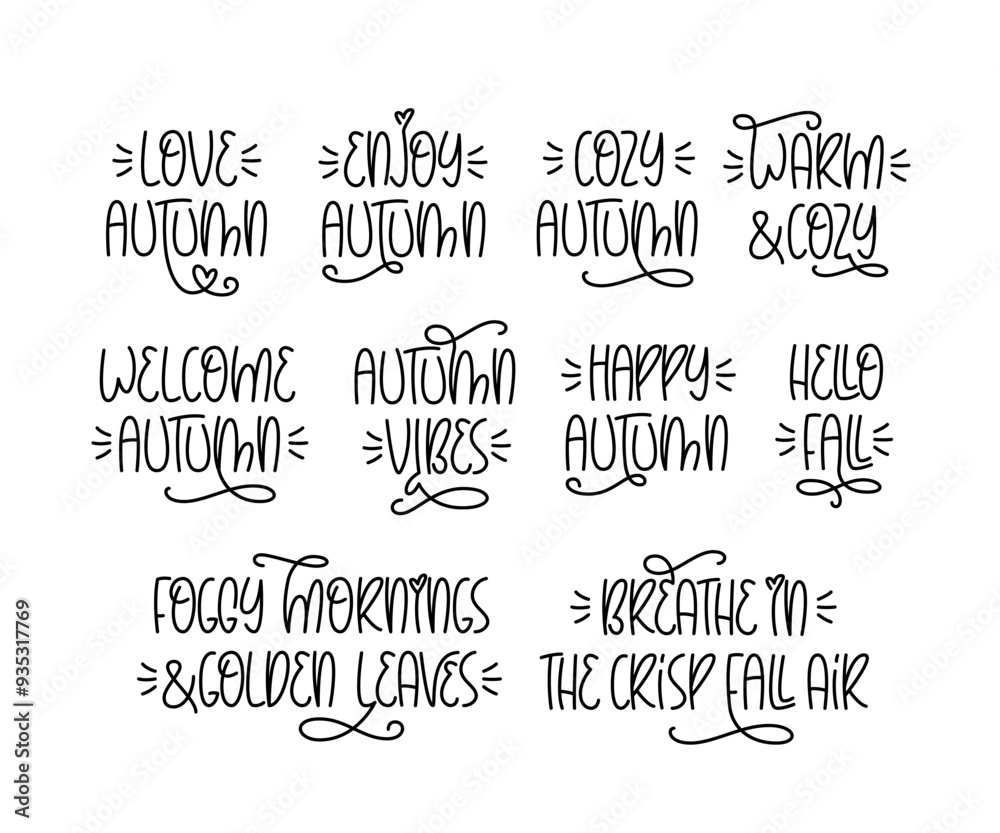 Fall Handwritten Quotes Set. Vector Hand Lettering of Autumnal Phrases. Love Autumn, Warm and Cozy, Breathe in Fall Air Sayings Collection. Fall Handwritten Quotes Set. Vector Hand Lettering of Autumnal Phrases. Love Autumn, Warm and Cozy, Breathe in Fall Air Sayings Collection.