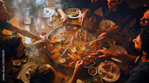 People sharing fresh paella in restaurant. Family or friends gathering. People eating delicious traditional spanish seafood paella with shrimp, mussels, and rice in a black pan
