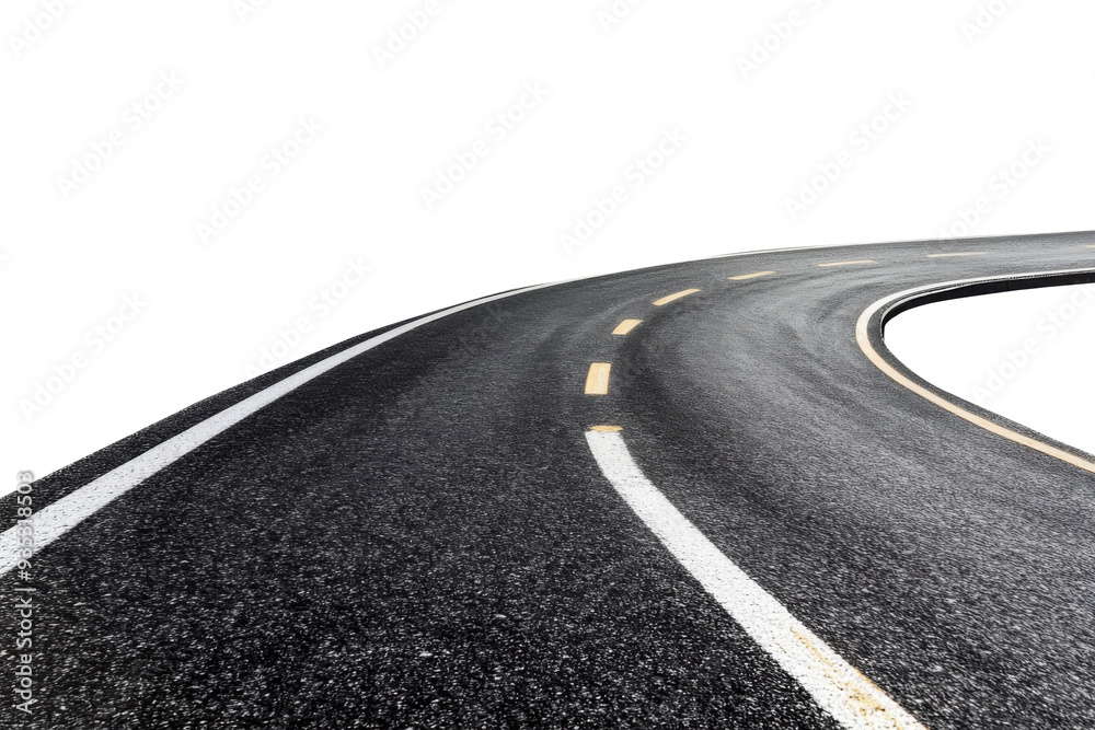 curved asphalt road with markings on transparent background, isolated highway curve, clipping path, cut out curved asphalt road with markings on transparent background, isolated highway curve, clipping path, cut out