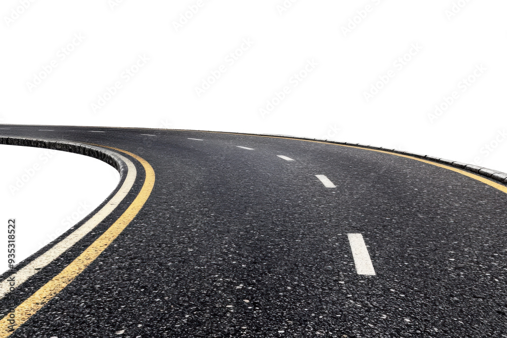 curved asphalt road with double yellow lines on transparent background, cut out, isolated highway turn to the left, clipping path