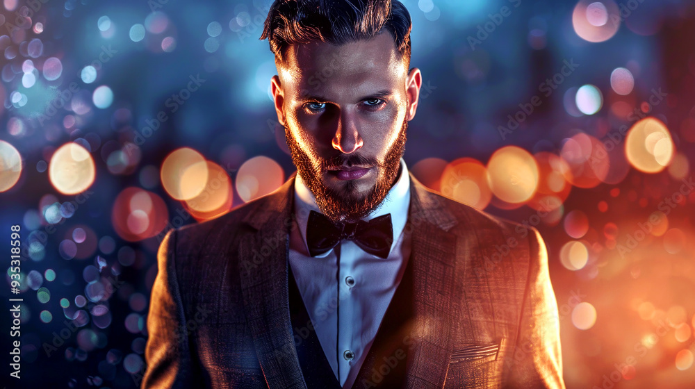 Famous actor in a classic black tuxedoon night lights background. Portrait of groomed handsome rich male celebrity dressed in stylish suit for event Famous actor in a classic black tuxedoon night lights background. Portrait of groomed handsome rich male celebrity dressed in stylish suit for event