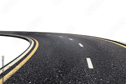 Obraz na płótnie curved asphalt road with double yellow lines on transparent background, cut out, isolated highway turn to the left, clipping path w salonie