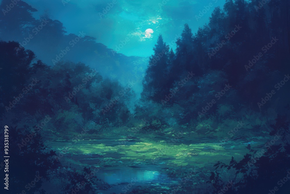 Obraz premium Moonlit Forest With A Quiet Lake