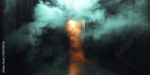In the dark room, the wooden door was open and white smoke was billowing out.