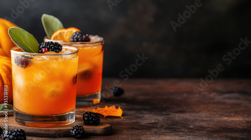 Autumn Harvest Cocktail, vibrant cocktails with ice, blackberries, orange slices, and sage set against a rustic backdrop, embodying the essence of fall flavors and festivities.