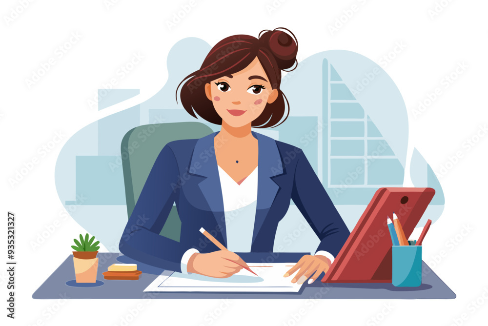 Girl architect working on project vector image, isolated on white background Girl architect working on project vector image, isolated on white background