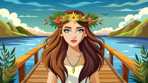 beautiful young woman with long brown hair and a beautiful face with a wreath on her head on a wooden pier.