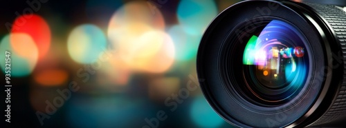 Close-Up of Camera Lens with Colorful Bokeh Lights in Background, Representing Video Production and Advertising, High-Resolution Photography for Creative Content Creation