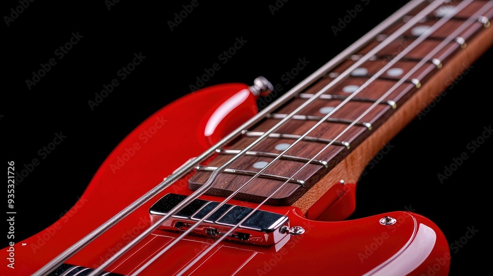 Fototapeta premium Electric Bass Guitar Close-Up, Strings Vibrating With Power