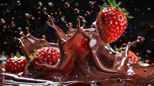 A ripe strawberry falls into a pool of creamy chocolate, generating a beautiful splash as the liquid flows around it in a contrasting dark background