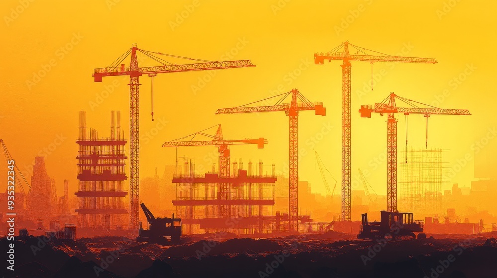 Construction Cranes Silhouettes Against a Golden Sky. Construction Cranes Silhouettes Against a Golden Sky.