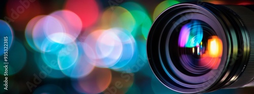 Close-Up of Camera Lens with Colorful Bokeh Lights in Background, Representing Video Production and Advertising, High-Resolution Photography for Creative Content Creation