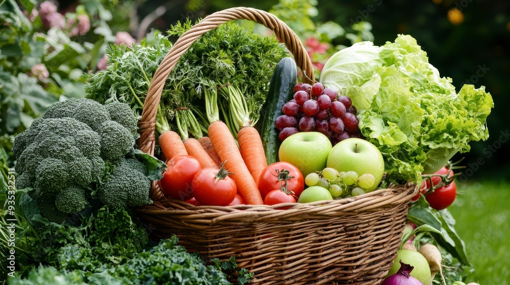 Fototapeta premium A wicker basket with vegetables and fruits on the background of the garden symbolizes a healthy diet