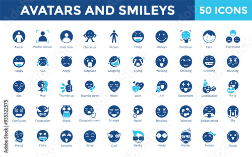 Avatars and smileys icon set with avatar, profile picture, user icon, character, person, emoji, smileys, face, expression icon. Simple flat vector 
