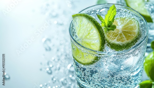 Refreshing beverage with lime slices and mint leaves, surrounded by bubbles on a shimmering surface. Perfect for summer drinks.