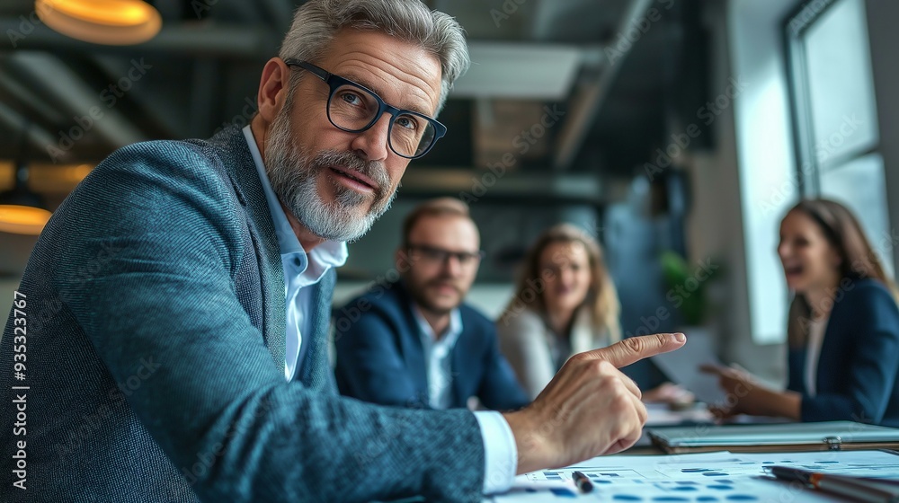 Mature Businessman Pointing at Chart During Brainstorming Session with Colleagues in Modern Office Setting Mature Businessman Pointing at Chart During Brainstorming Session with Colleagues in Modern Office Setting
