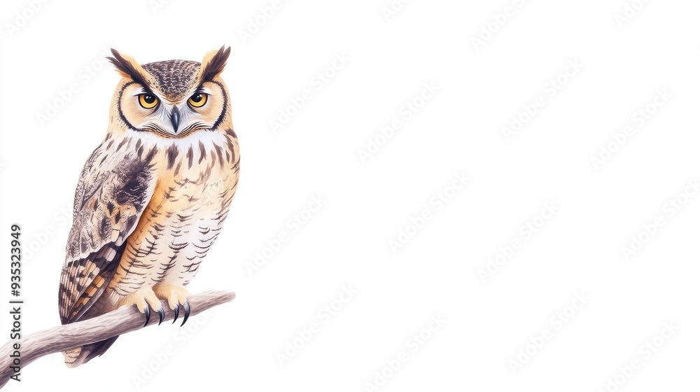 A beautiful owl perched on a branch, showcasing its sharp features and captivating gaze against a clean white background. A beautiful owl perched on a branch, showcasing its sharp features and captivating gaze against a clean white background.