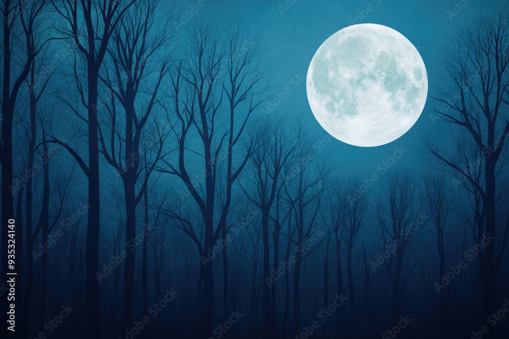 Naklejka premium Mysterious Night in a Foggy Forest, a luminous full moon casting ethereal light over barren trees, enveloping the scene in a deep blue twilight atmosphere.
