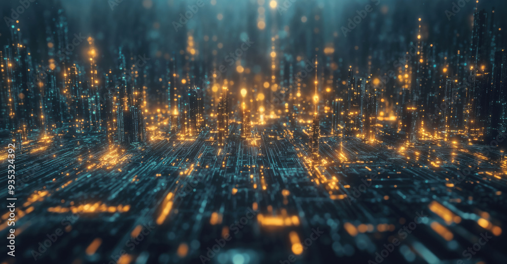 Obraz premium Futuristic cityscape with glowing lines and grids on abstract technology background. High quality photo