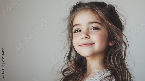 Girl standing with her head tilted to the side, smiling gently with her hair falling over her shoulder, photo of girls on a plain background,