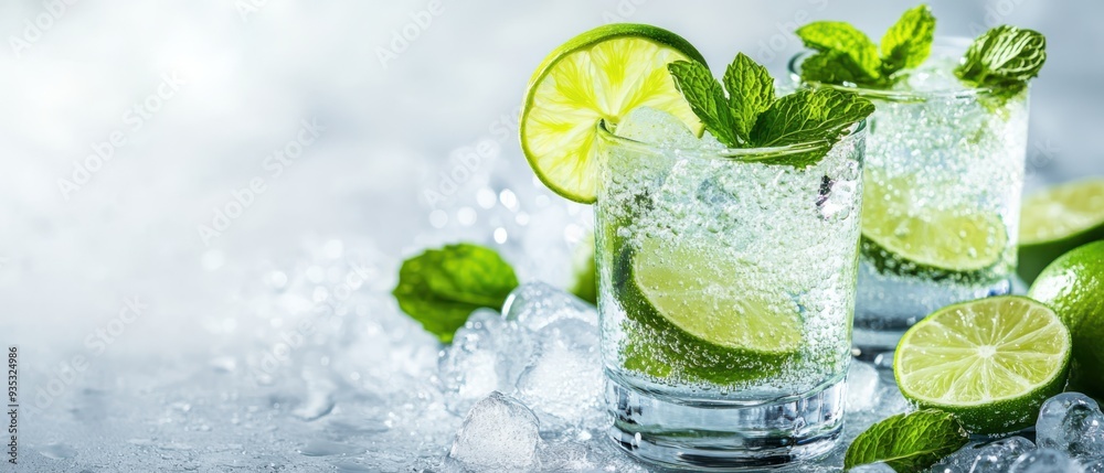 Refreshing lime drink with mint leaves and ice, perfect for summer gatherings and relaxation on a sunny day. Refreshing lime drink with mint leaves and ice, perfect for summer gatherings and relaxation on a sunny day.