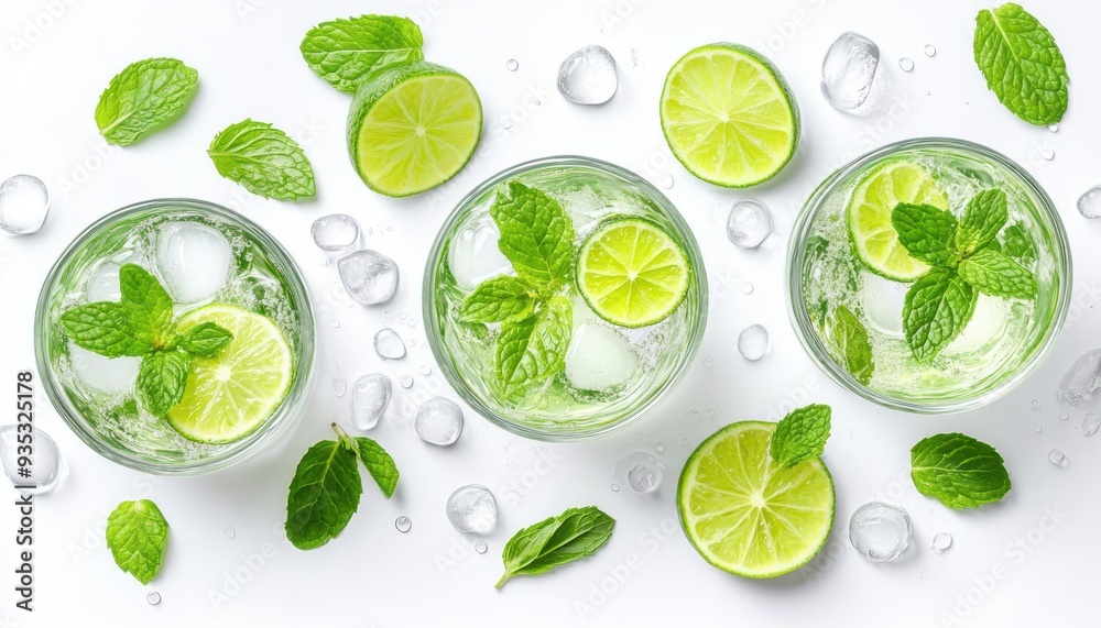 Refreshing mojito drinks with mint leaves and lime slices, garnished with ice, perfect for summer hydration and parties. Refreshing mojito drinks with mint leaves and lime slices, garnished with ice, perfect for summer hydration and parties.