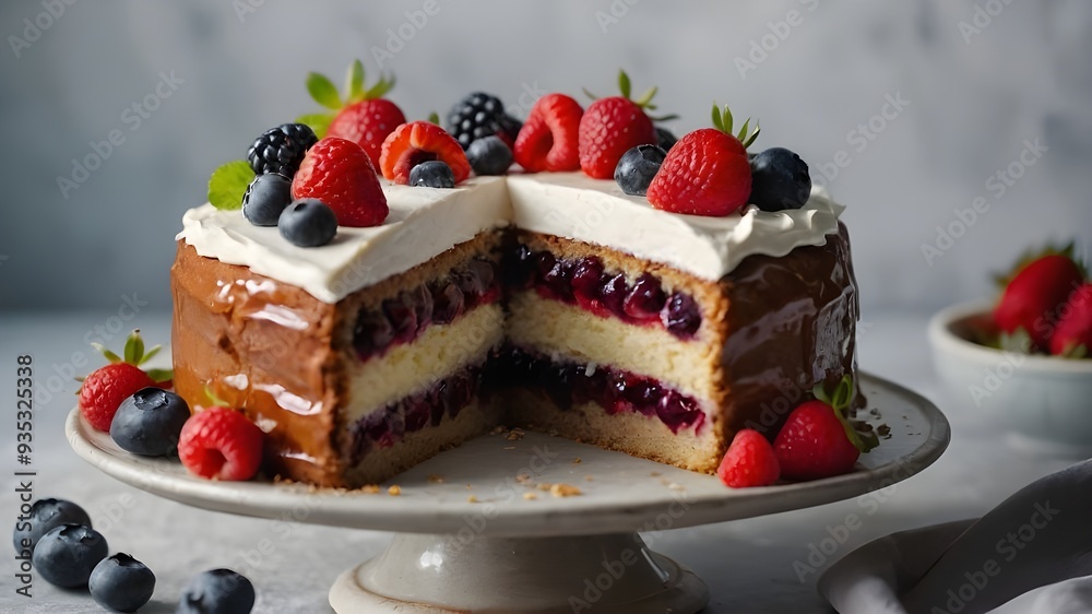 A mouth-watering homemade cake, adorned with plump and juicy berries, sitting atop a delicate and airy background. A mouth-watering homemade cake, adorned with plump and juicy berries, sitting atop a delicate and airy background.