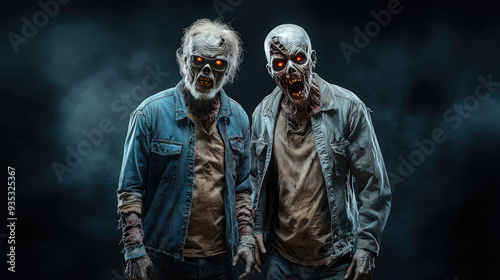 Abrupt encounter with menacing zombies, grotesque features, tattered clothing, eerie glowing eyes, an atmosphere thick with tension and decay, poised for a terrifying confrontation
